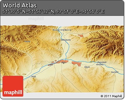 Physical 3D Map of the Area around 51° 43' 18" N, 94° 25' 30" E