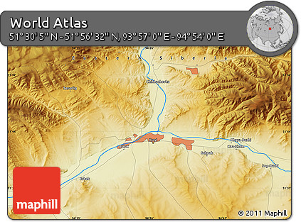 Physical Map of the Area around 51° 43' 18" N, 94° 25' 30" E
