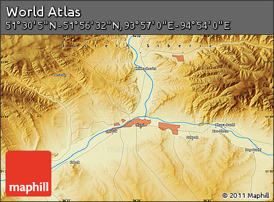 Physical Map of the Area around 51° 43' 18" N, 94° 25' 30" E