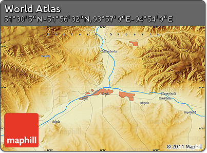 Physical Map of the Area around 51° 43' 18" N, 94° 25' 30" E