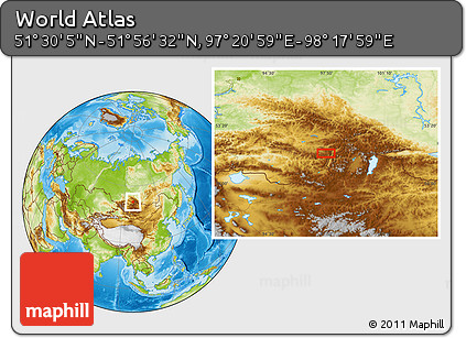 Physical Location Map of the Area around 51° 43' 18" N, 97° 49' 29" E