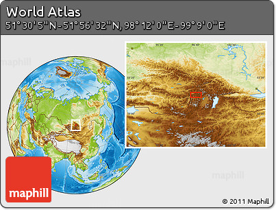 Physical Location Map of the Area around 51° 43' 18" N, 98° 40' 30" E