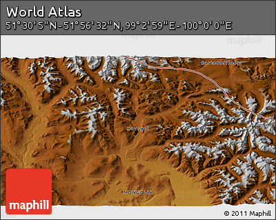 Physical 3D Map of the Area around 51° 43' 18" N, 99° 31' 30" E