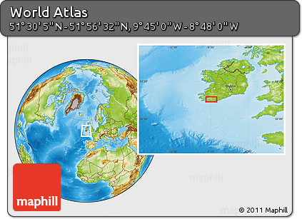 Physical Location Map of the Area around 51° 43' 18" N, 9° 16' 30" W