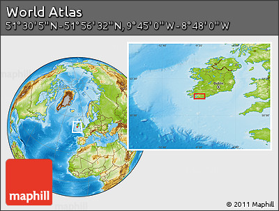 Physical Location Map of the Area around 51° 43' 18" N, 9° 16' 30" W