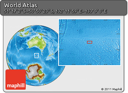 Physical Location Map of the Area around 51° 3' 43" S, 132° 40' 30" E