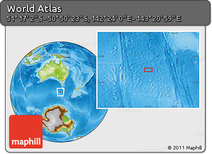 Physical Location Map of the Area around 51° 3' 43" S, 142° 52' 30" E