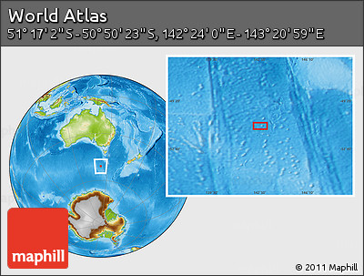 Physical Location Map of the Area around 51° 3' 43" S, 142° 52' 30" E
