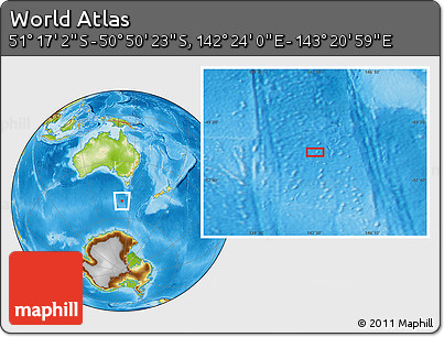 Physical Location Map of the Area around 51° 3' 43" S, 142° 52' 30" E