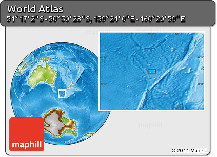 Physical Location Map of the Area around 51° 3' 43" S, 159° 52' 30" E