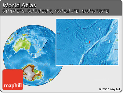 Physical Location Map of the Area around 51° 3' 43" S, 159° 52' 30" E