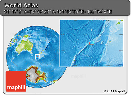 Physical Location Map of the Area around 51° 3' 43" S, 162° 25' 30" E