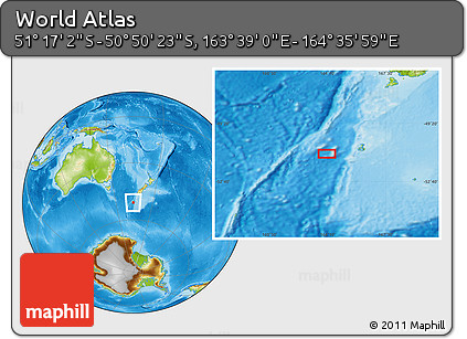 Physical Location Map of the Area around 51° 3' 43" S, 164° 7' 30" E