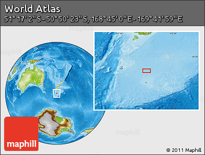 Physical Location Map of the Area around 51° 3' 43" S, 169° 13' 29" E