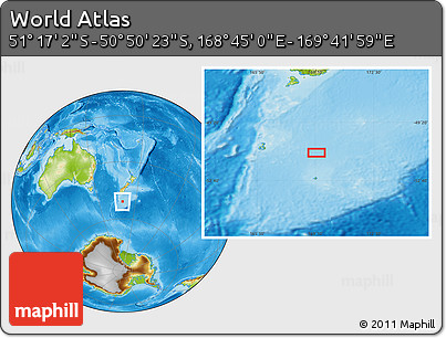 Physical Location Map of the Area around 51° 3' 43" S, 169° 13' 29" E