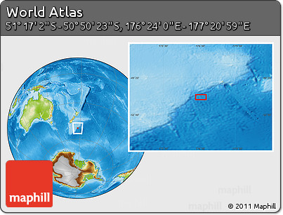 Physical Location Map of the Area around 51° 3' 43" S, 176° 52' 30" E