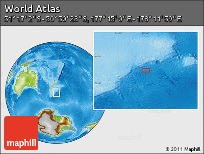 Physical Location Map of the Area around 51° 3' 43" S, 177° 43' 29" E