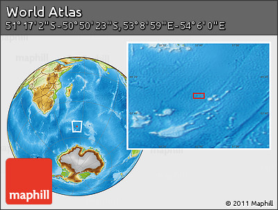 Physical Location Map of the Area around 51° 3' 43" S, 53° 37' 30" E