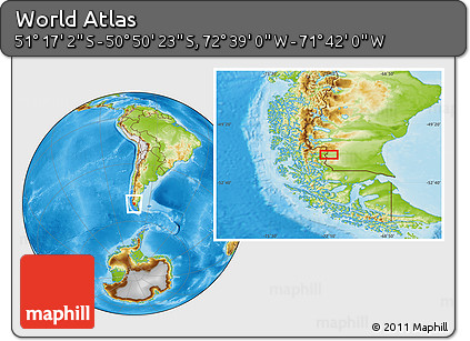 Physical Location Map of the Area around 51° 3' 43" S, 72° 10' 30" W
