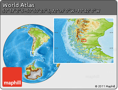 Physical Location Map of the Area around 51° 3' 43" S, 72° 10' 30" W