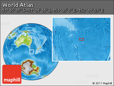 Physical Location Map of the Area around 51° 27' 30" S, 152° 13' 29" E