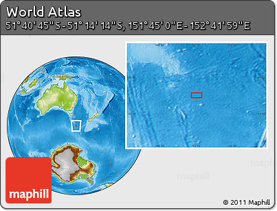 Physical Location Map of the Area around 51° 27' 30" S, 152° 13' 29" E