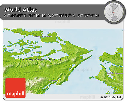 Physical 3D Map of the Area around 51° 27' 30" S, 59° 25' 29" W