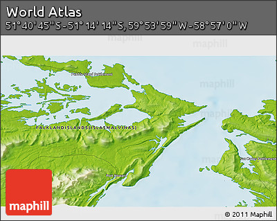 Physical 3D Map of the Area around 51° 27' 30" S, 59° 25' 29" W