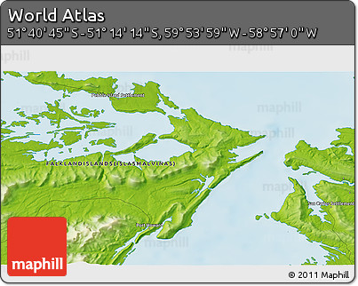 Physical 3D Map of the Area around 51° 27' 30" S, 59° 25' 29" W