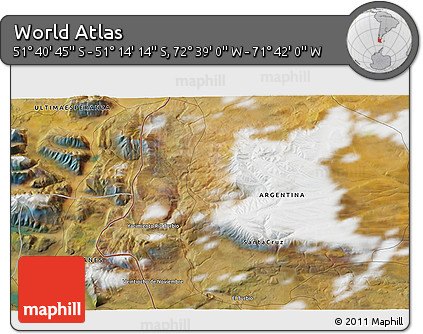 Satellite 3D Map of the Area around 51° 27' 30" S, 72° 10' 30" W