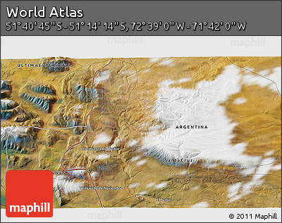Satellite 3D Map of the Area around 51° 27' 30" S, 72° 10' 30" W