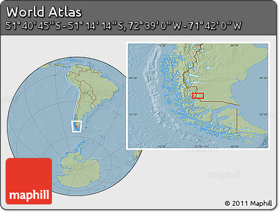 Savanna Style Location Map of the Area around 51° 27' 30" S, 72° 10' 30" W, hill shading