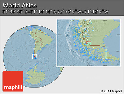 Savanna Style Location Map of the Area around 51° 27' 30" S, 72° 10' 30" W, hill shading