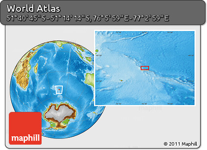 Physical Location Map of the Area around 51° 27' 30" S, 76° 34' 29" E