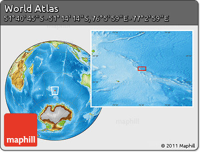 Physical Location Map of the Area around 51° 27' 30" S, 76° 34' 29" E