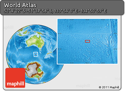 Physical Location Map of the Area around 51° 51' 10" S, 134° 22' 30" E