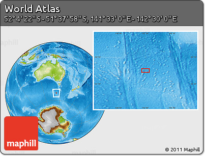 Physical Location Map of the Area around 51° 51' 10" S, 142° 1' 30" E