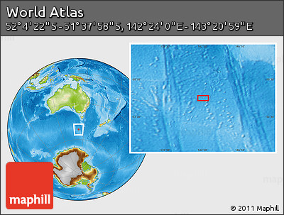 Physical Location Map of the Area around 51° 51' 10" S, 142° 52' 30" E