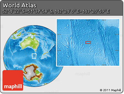 Physical Location Map of the Area around 51° 51' 10" S, 142° 52' 30" E