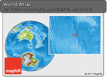 Physical Location Map of the Area around 51° 51' 10" S, 145° 25' 30" E