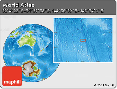 Physical Location Map of the Area around 51° 51' 10" S, 145° 25' 30" E