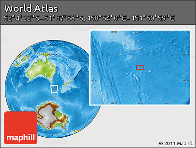 Physical Location Map of the Area around 51° 51' 10" S, 151° 22' 30" E