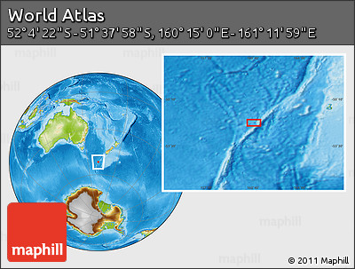 Physical Location Map of the Area around 51° 51' 10" S, 160° 43' 29" E