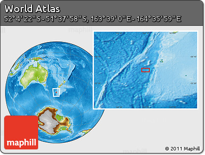 Physical Location Map of the Area around 51° 51' 10" S, 164° 7' 30" E