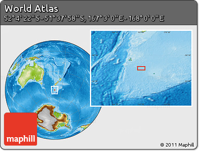 Physical Location Map of the Area around 51° 51' 10" S, 167° 31' 30" E
