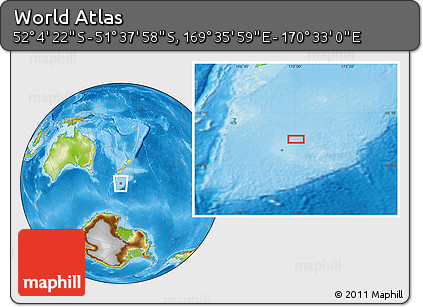 Physical Location Map of the Area around 51° 51' 10" S, 170° 4' 29" E