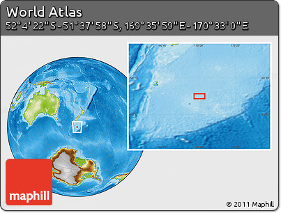 Physical Location Map of the Area around 51° 51' 10" S, 170° 4' 29" E