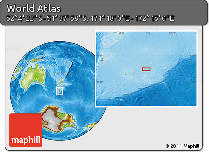 Physical Location Map of the Area around 51° 51' 10" S, 171° 46' 30" E