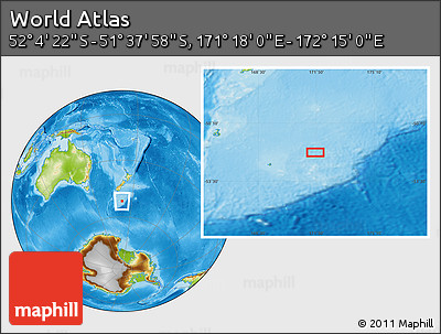 Physical Location Map of the Area around 51° 51' 10" S, 171° 46' 30" E