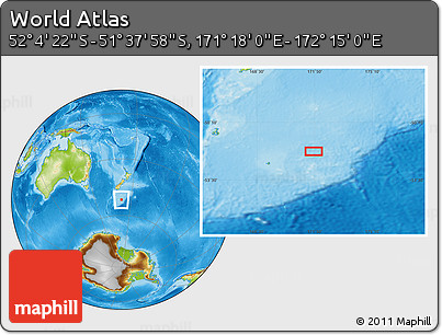 Physical Location Map of the Area around 51° 51' 10" S, 171° 46' 30" E